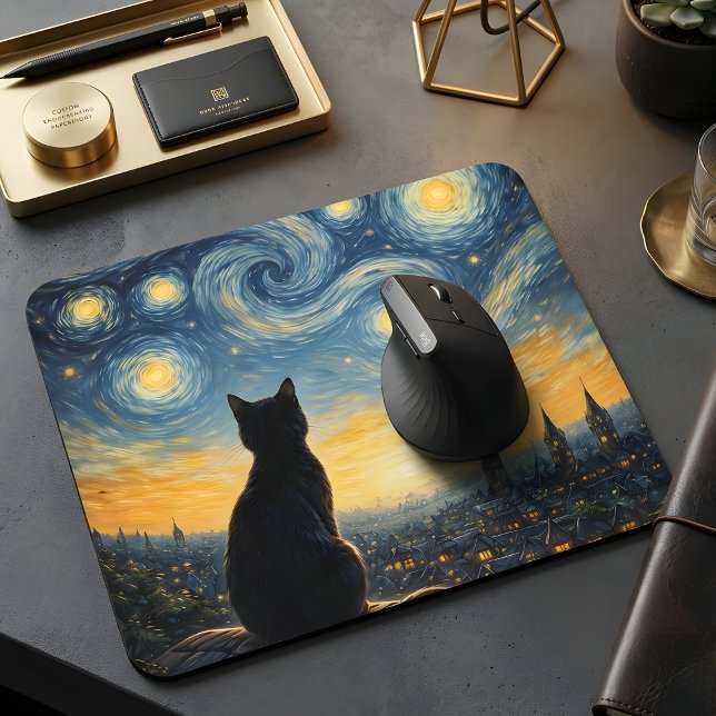 Starry Night Overlook Black Cat & Twinkling Town  Mousepad (Von Creator hochgeladen)