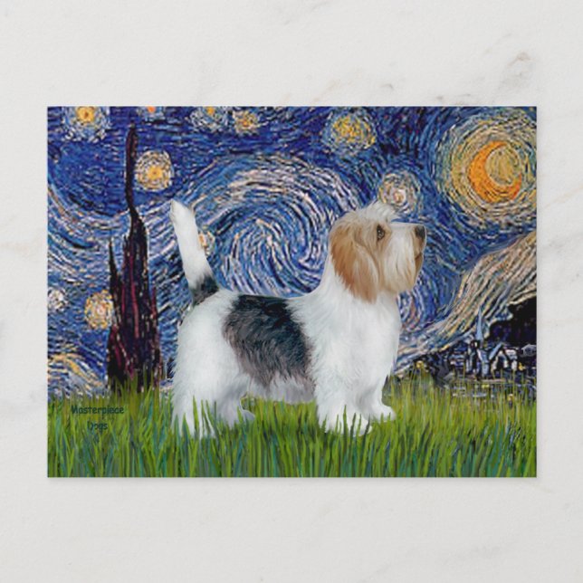 Starry Night - Petit Basset (PBGV) Postkarte (Vorderseite)