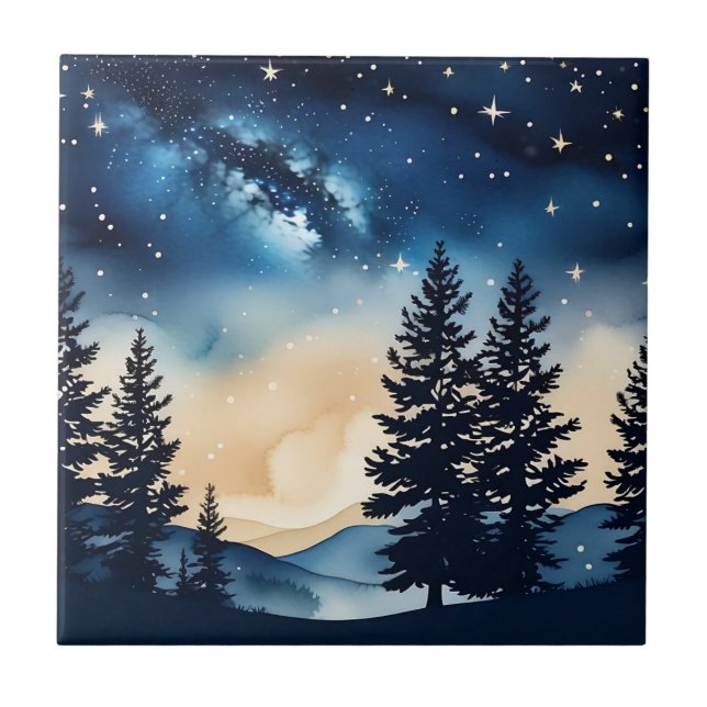 Starry Night Pine A Dreamy Watercolor Fliese (Vorderseite)