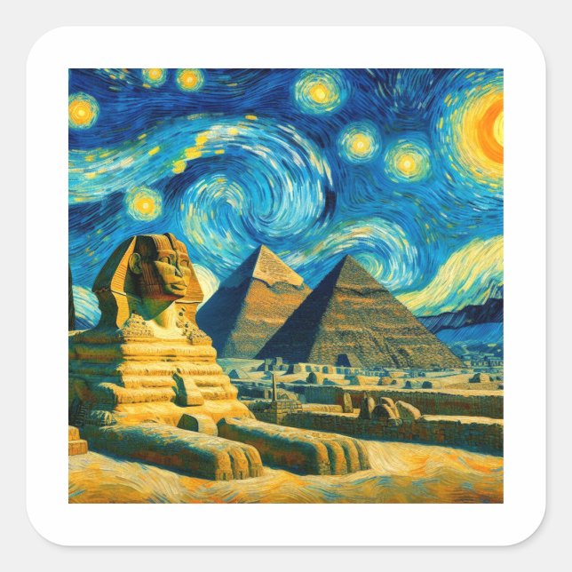 Starry Night Pyramids Sphinx Ägypten Quadratischer Aufkleber (Vorderseite)