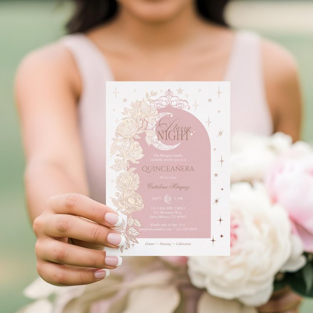 Starry Night Quinceanera Floral Celestial Moon Folieneinladung (Starry Night Quinceanera Floral Celestial Moon Foil Invitation)