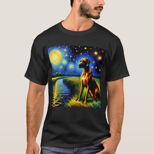 Starry Night Rhodesian Ridgeback Dog Van Gogh T-Shirt (Vorderseite)