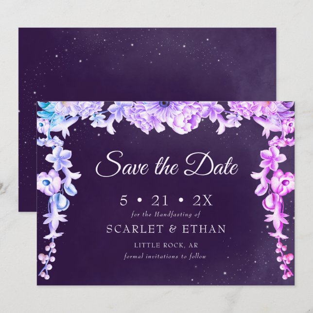 Starry Night Sky Lila Floral Handfasts Save The Date (Vorne/Hinten)
