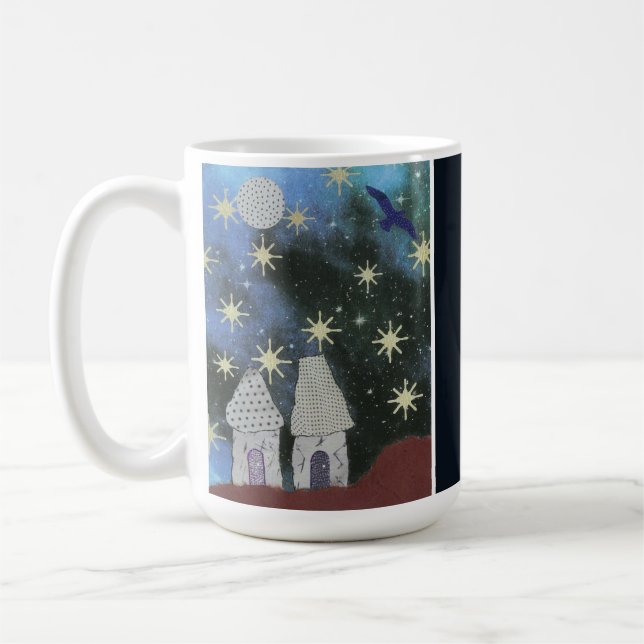 Starry Night Sky mit winzigen Häusern und Vollmond Kaffeetasse (Links)