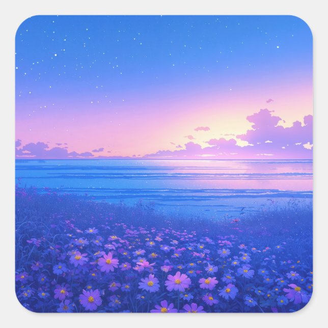 Starry Night Sky over Purple Wildflower Meadow Quadratischer Aufkleber (Vorderseite)