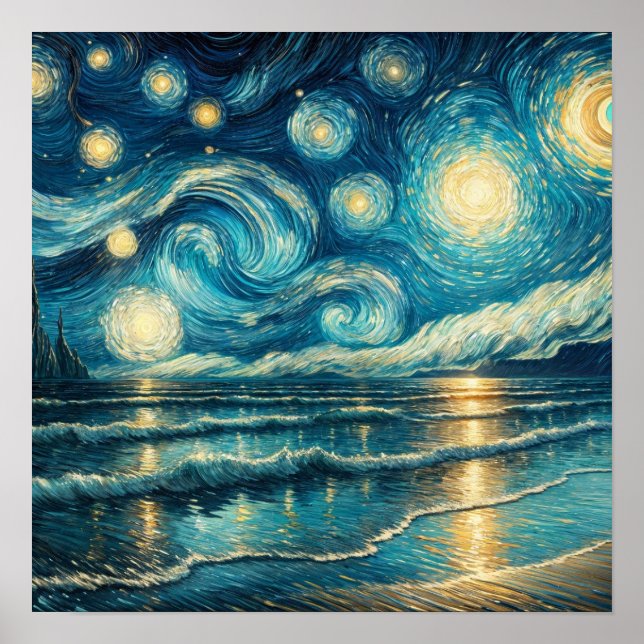 Starry Night Sky über den ruhigen Ozean Poster (Vorne)