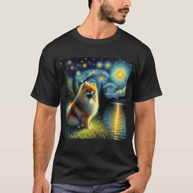 Starry Night Spitz Dog Van Gogh Lover T-Shirt (Vorderseite)