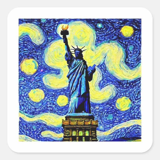 Starry Night Statue of Liberty New York Quadratischer Aufkleber (Vorderseite)