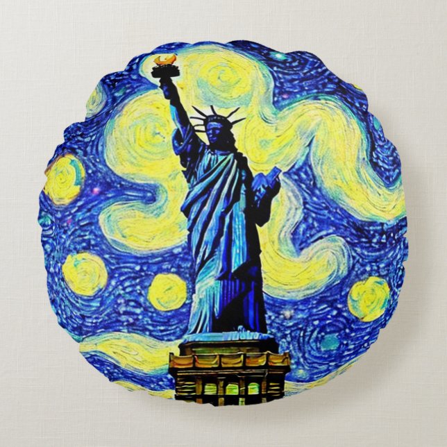 Starry Night Statue of Liberty New York Rundes Kissen (Vorderseite)
