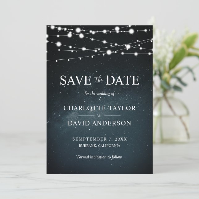 Starry Night String Light Wedding Save the Date (Stehend Vorderseite)