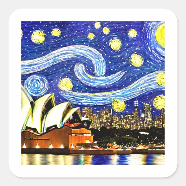 Starry Night Sydney Australia Opernhaus Quadratischer Aufkleber (Vorderseite)
