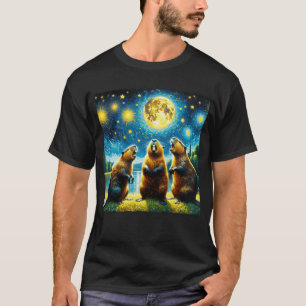 Starry Night Three Beavers Howling at Moon Van T-Shirt