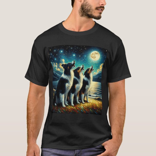 Starry Night Three Border Collieses Howling on Moo T-Shirt (Vorderseite)