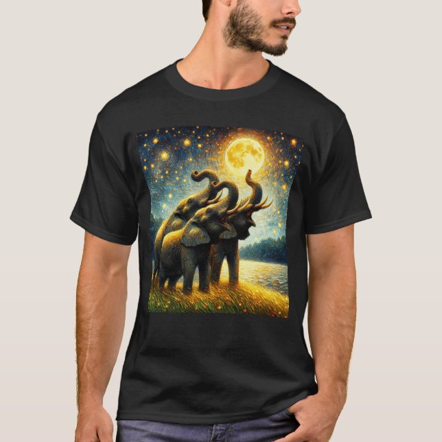 Starry Night Three Elephants Howling am Moon Van T-Shirt (Vorderseite)