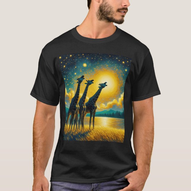 Starry Night Three Giraffen Howling am Mond Van T-Shirt (Vorderseite)