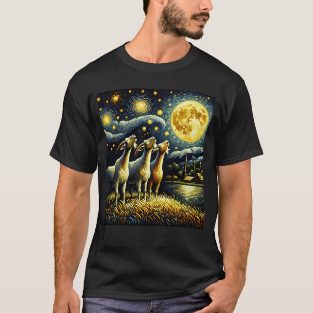Starry Night Three Goat Howling auf dem Mond Farm T-Shirt (Vorderseite)