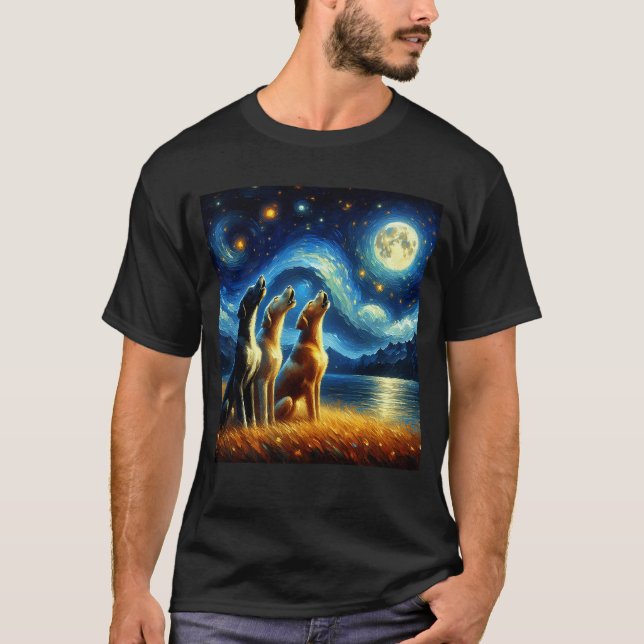 Starry Night Three Great Danes Howling auf dem Mon T-Shirt (Vorderseite)