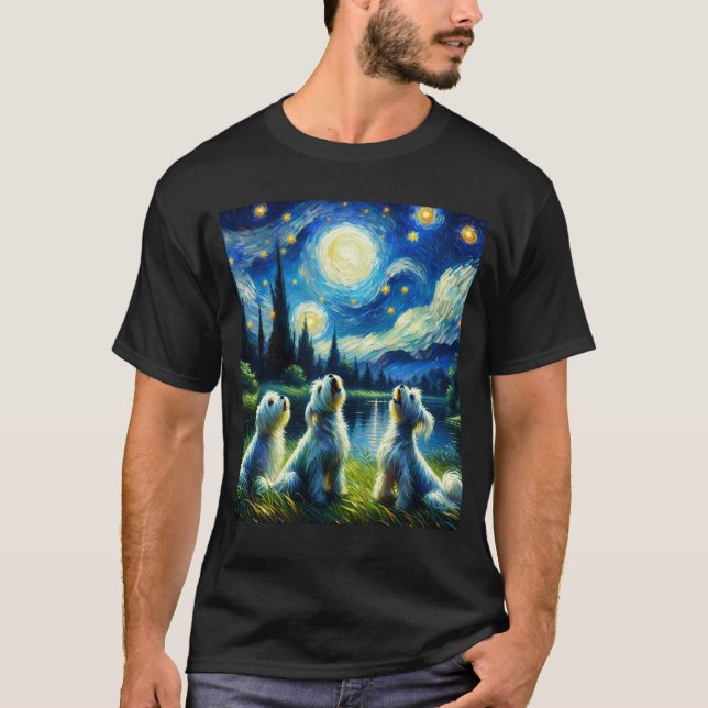 Starry Night Three Maltese Howling at Moon Dog T-Shirt (Vorderseite)