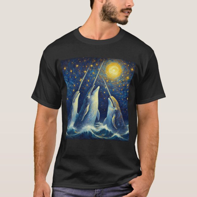 Starry Night Three Narwhals Howling auf dem Mond T-Shirt (Vorderseite)