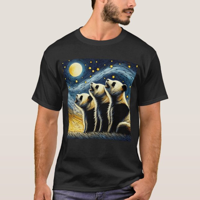 Starry Night Three Pandas Howling bei Moon Van T-Shirt (Vorderseite)
