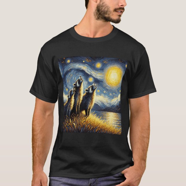 Starry Night Three Raccoon Howling am Moon Van T-Shirt (Vorderseite)