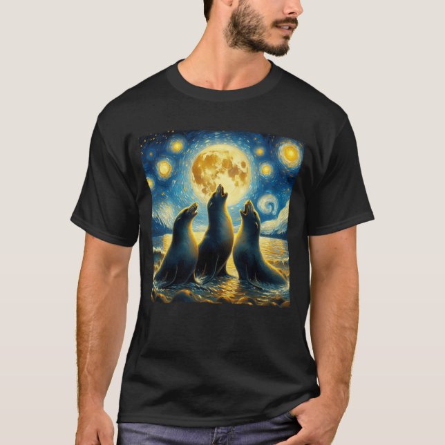 Starry Night Three Siegels Howling at Moon Van Gog T-Shirt (Vorderseite)
