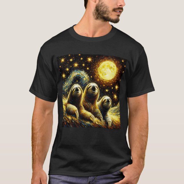 Starry Night Three Sloths Howling am Moon Van T-Shirt (Vorderseite)