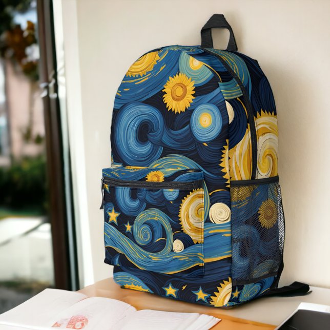Starry Night trifft Sunflowers Van Gogh Mashup Bedruckter Rucksack (Starry Night Meets Sunflowers Van Gogh Mashup Printed Backpack from Ricaso. A modern take on vintage)