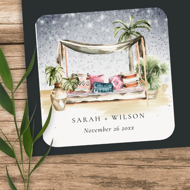 Starry Night Tropical Palm Beach Cabana Hochzeit Quadratischer Aufkleber (Von Creator hochgeladen)
