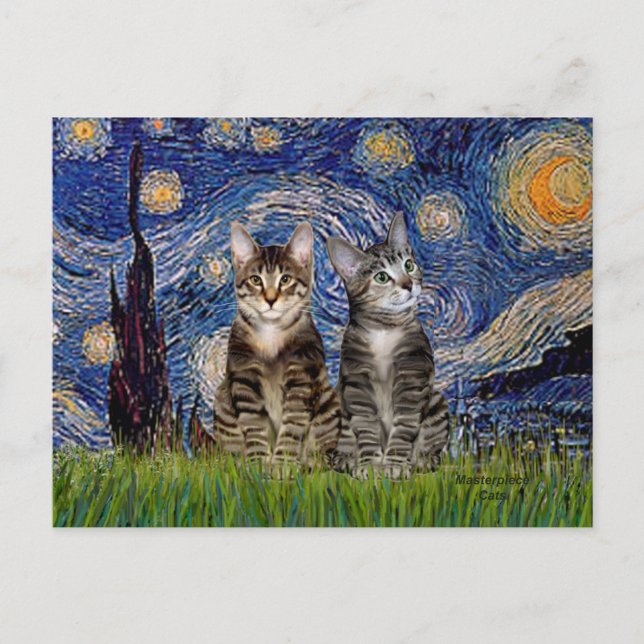 Starry Night - Two Tabby Tiger Cats Postkarte (Vorderseite)