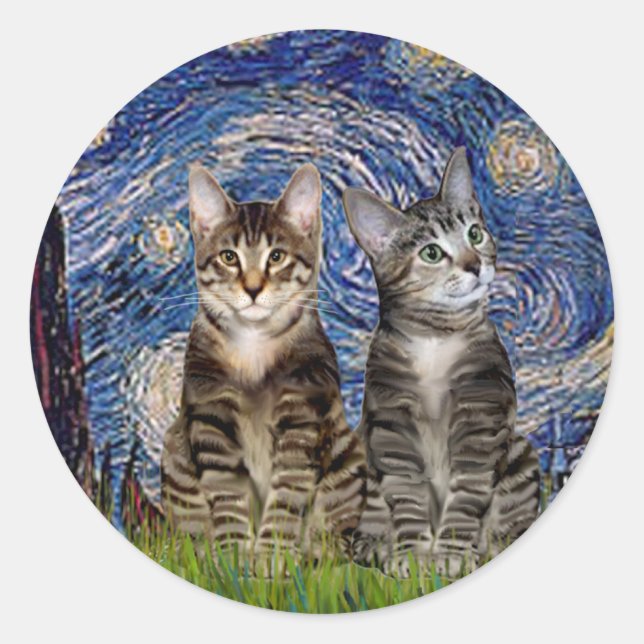Starry Night - Two Tabby Tiger Cats Runder Aufkleber (Vorderseite)