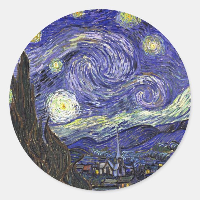 Starry Night, Vincent Van Gogh. Runder Aufkleber (Vorderseite)