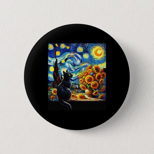 Starry Night Vincent Van Gogh Sunflowers Cat Lover Button (Vorderseite)