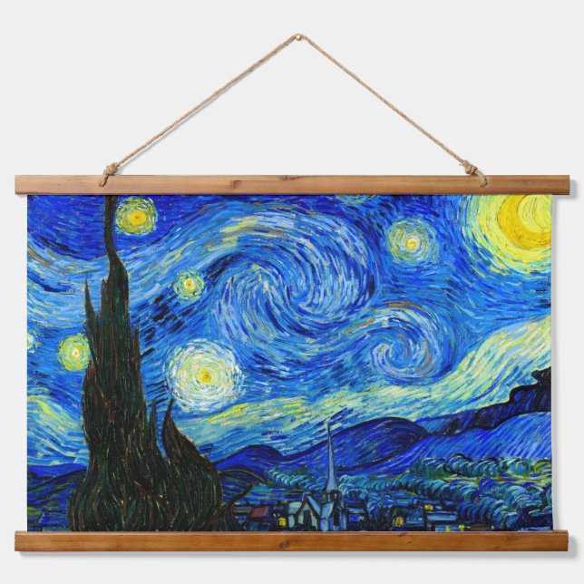 Starry Night von Van Gogh Fine Art Poster Print Wandteppich Mit Holzrahmen (Vorne)