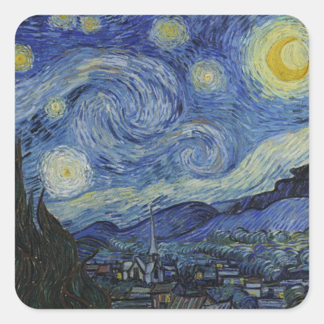 "Starry Night" von Van Gogh Quadratischer Aufkleber (Vorderseite)