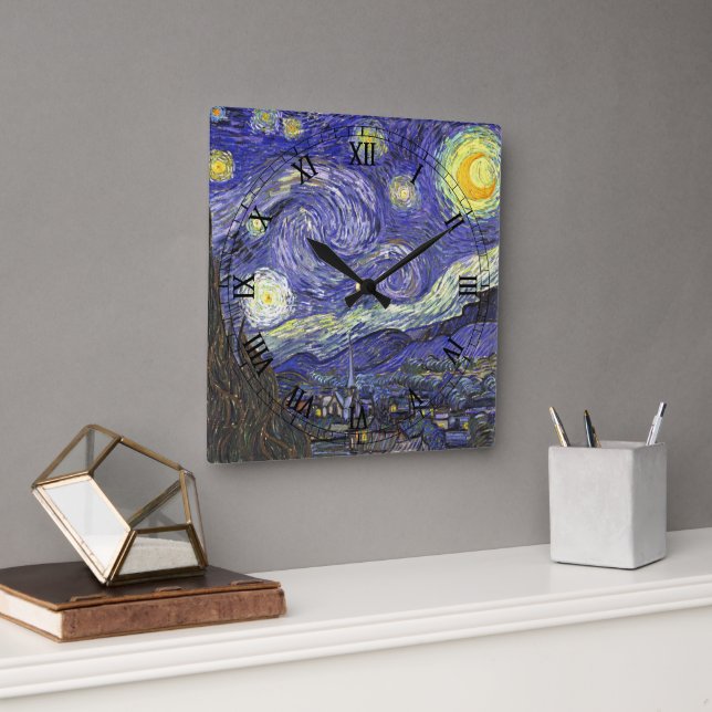 Starry Night von Vincent van Gogh Quadratische Wanduhr (Büro)