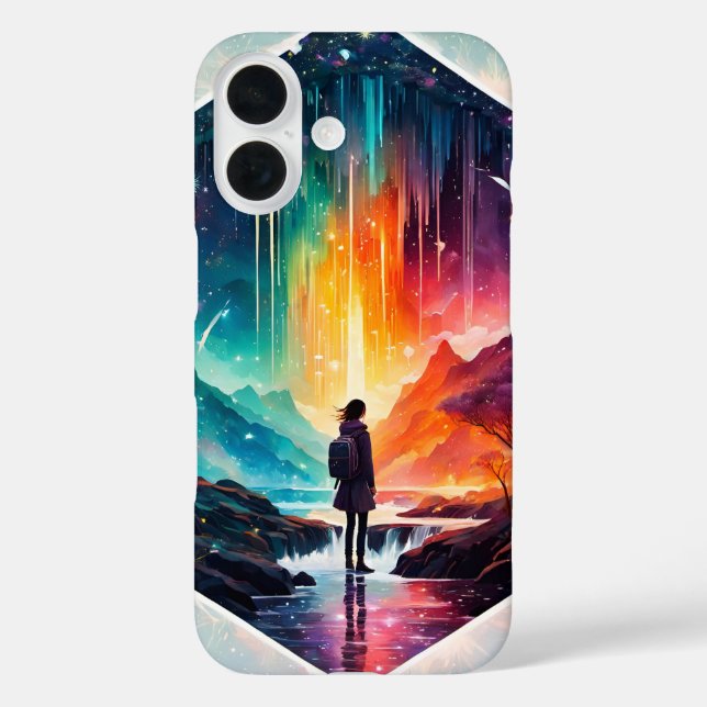 Starry Night Wanderlust: Ein Whimsisches Abenteuer iPhone 16 Hülle (Rückseite)