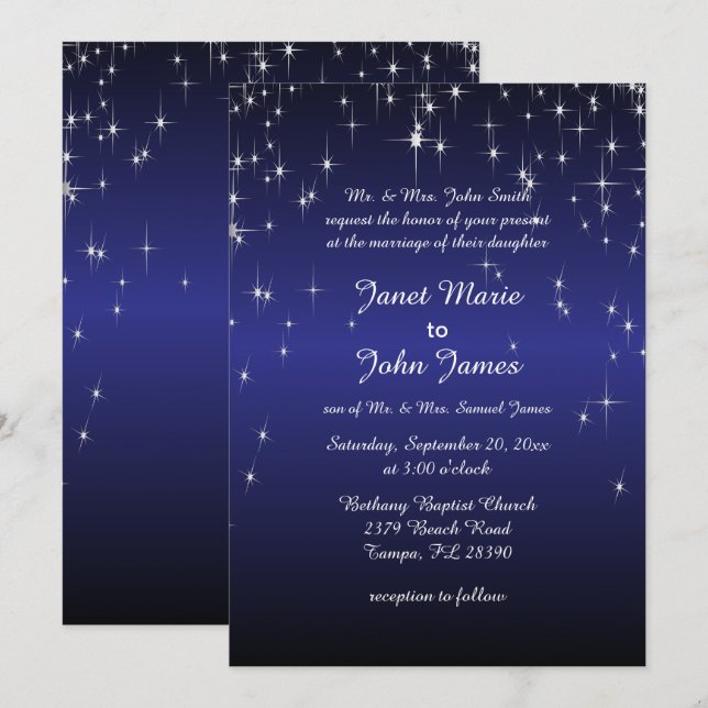 Starry Night Wedding in Dark Blue Einladung (Vorne/Hinten)
