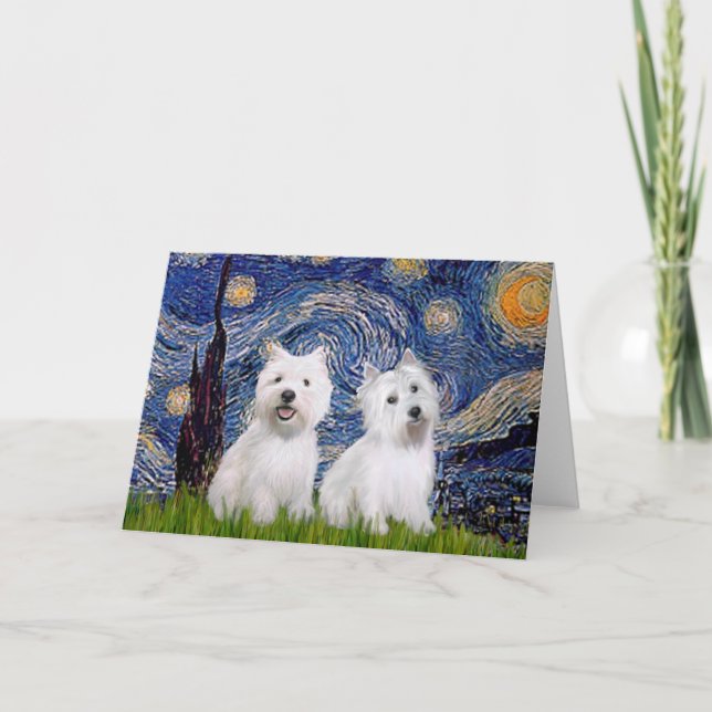 Starry Night - Westies (zwei) Karte (Vorderseite)