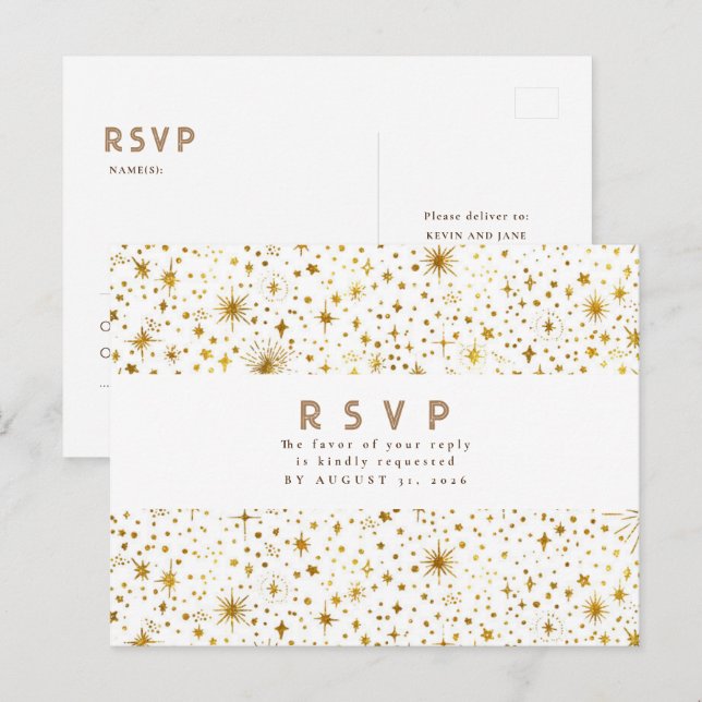 Starry Night White and Gold Wedding RSVP Postkarte (Vorne/Hinten)