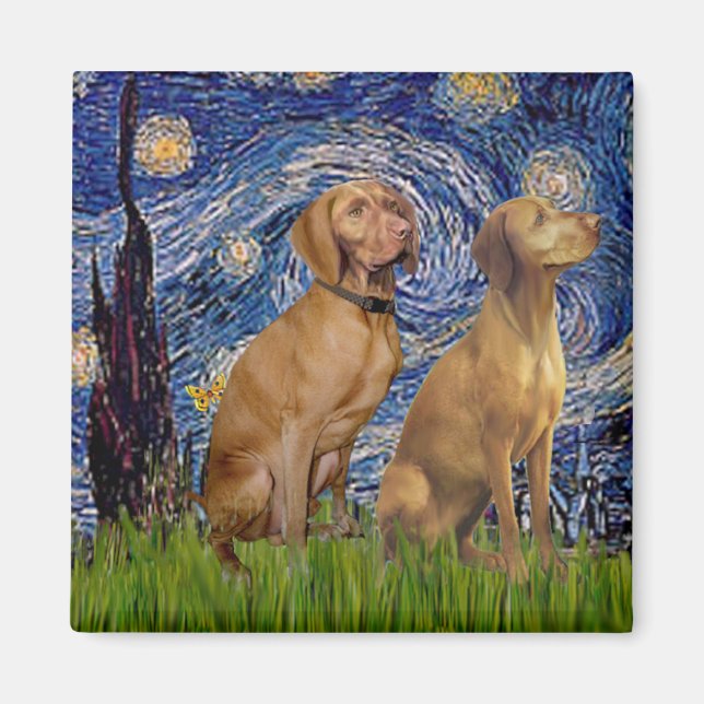 Starry Night - Zwei Vizslas Magnet (Vorne)
