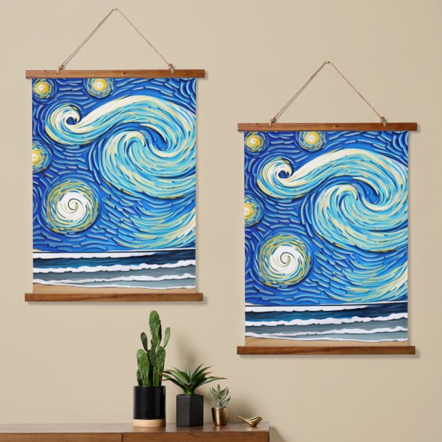 Starry Ocean Summer Beach Waves Wandteppich Mit Holzrahmen (Asymmetrisch)