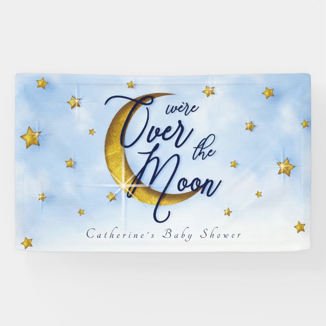 Starry Over the Moon Blue Gold Baby Boy Dusche Banner (Horizontal)