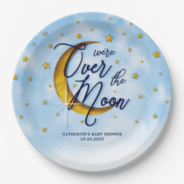 Starry Over the Moon Blue Gold Baby Dusche Pappteller