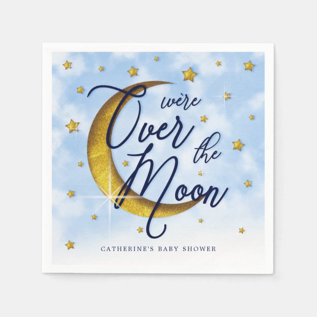 Starry Over the Moon Blue Gold Baby Dusche Serviette (Vorderseite)