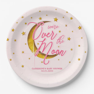 Starry Over the Moon Pink Gold Baby Dusche Pappteller