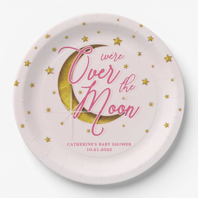 Starry Over the Moon Pink Gold Baby Dusche Pappteller (Vorderseite)