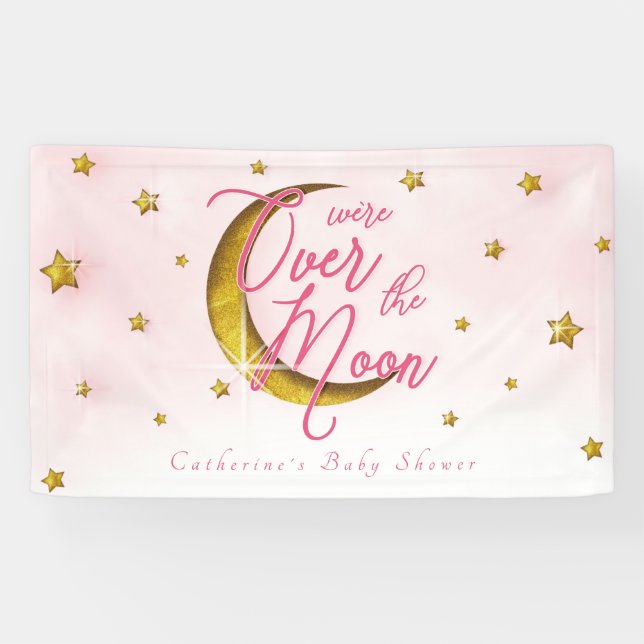 Starry Over the Moon Pink Gold Baby Girl Dusche Banner (Horizontal)
