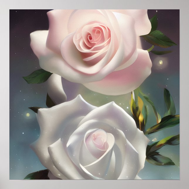 Starry Pastel Pink & White Roses Poster (Vorne)
