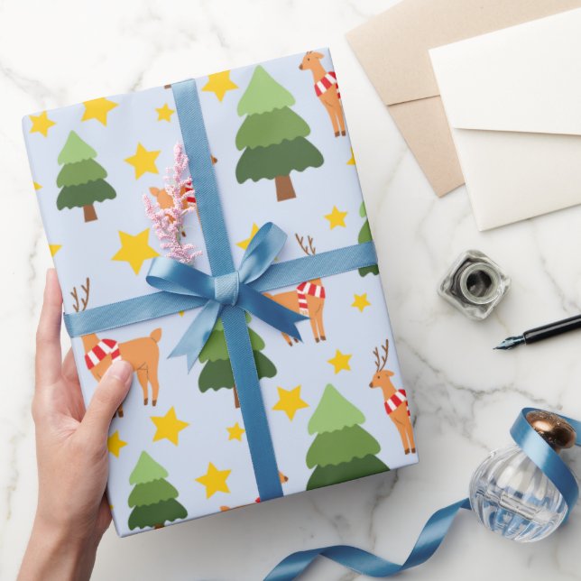 Starry Reindeer Nights Weihnachtsbaum Light Blue Geschenkpapier (Schenken)